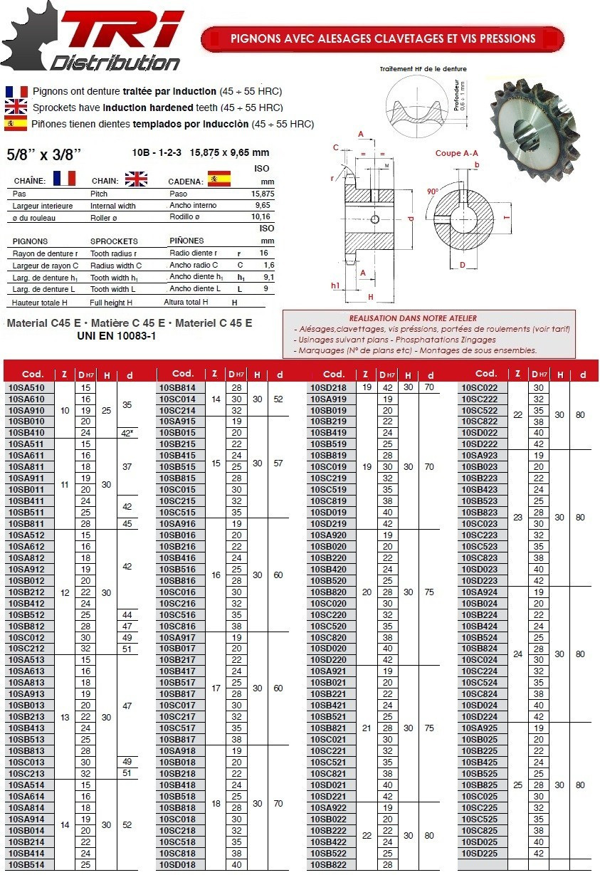 PIGNON SIMPLE - DENTURE TRAITEE - 10B1 - Pas de 15.8 mm