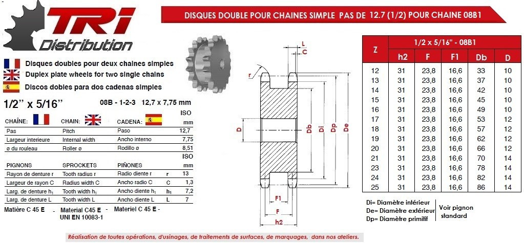 Pignon à Moyeu Amovible CMW - Denture Simple 08B1, 45 Dents, Pas 12.7 Mm | Acier, Norme ISO - Pour Transmission - 4