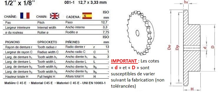 PIGNON SIMPLE 081-1 - Pas 12,7 mm x 3,3 mm - Vélo