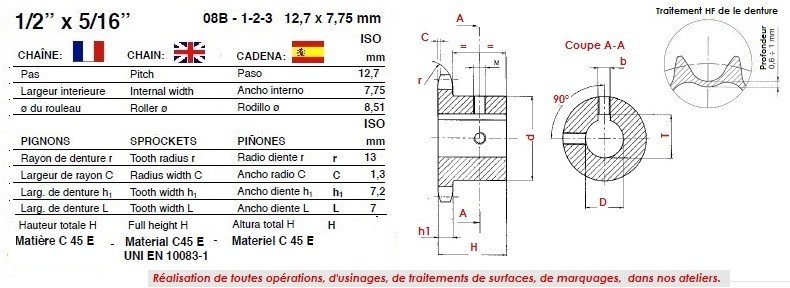 Pignon pré-alésé pour chaine 08B Double, 15 dents ref PID08B15